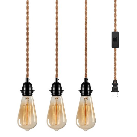 Triple Pendant Light Cord Kit with Independent Switch, Plug in Hemp Rope Vintage Hanging Lighting Cord, Compatible with E26/E27 Base, Plug in Hanging Light Cord Kit, Decoration Retro Lamp Cable DIY