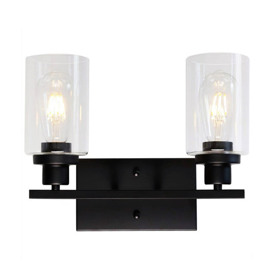 YANSUN 2-Light Industrial Wall Sconce Black Vanity Light with Clear Glass Shade for Hallway Bathroom Bedroom