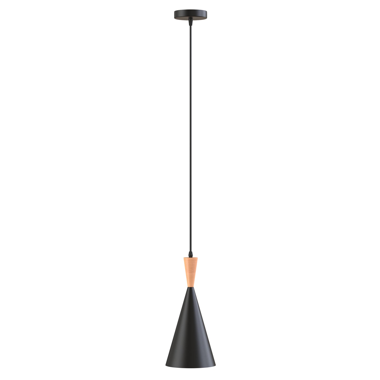 YANSUN 1-Light Matte Black Pendant Light with Metal Shade and Wood