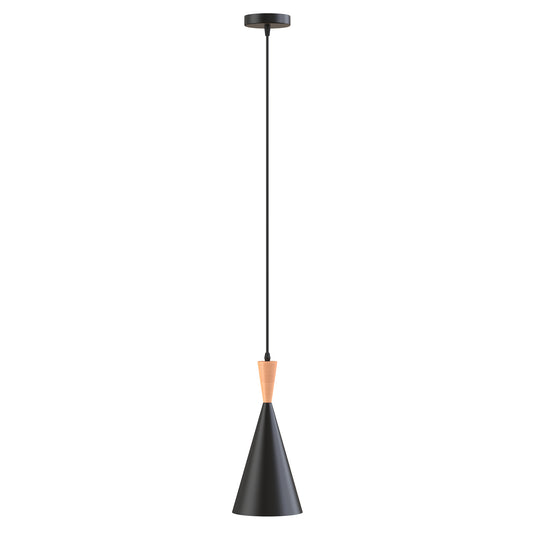 YANSUN 1-Light Matte Black Pendant Light with Metal Shade and Wood