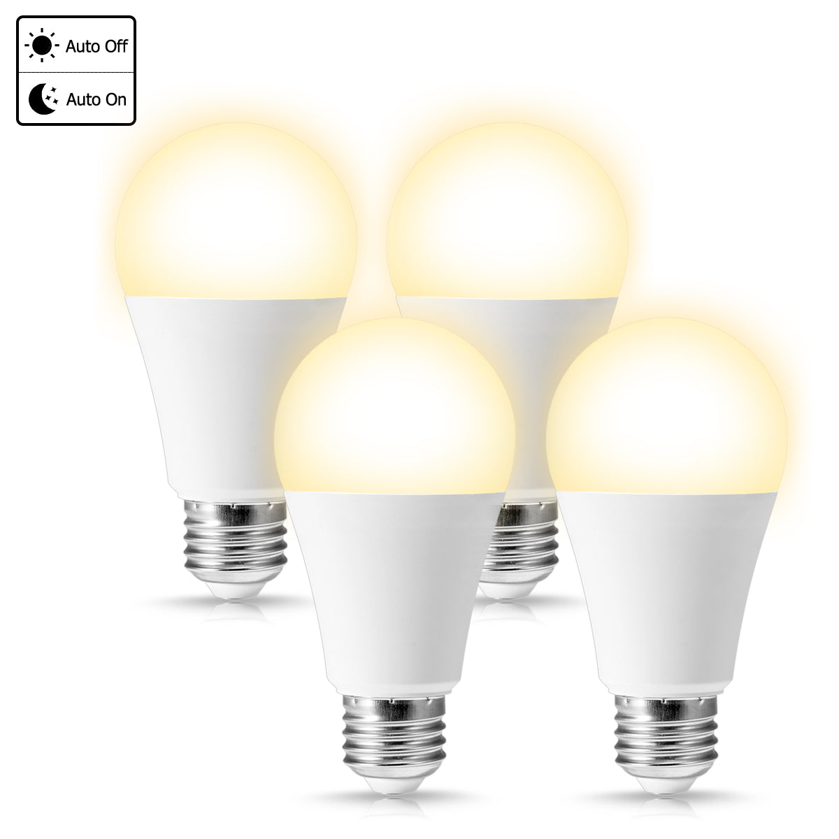 YANSUN A19 LED Dusk to Dawn Light Bulbs, 12W (100W Equivalent), 1000LM Soft White 3000K E26 Base Auto On/Off Indoor Outdoor Light for Garage Porch Hallway, 4 Pack