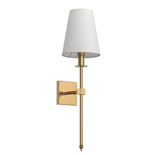 YANSUN Set of 2 Classic Rustic Industrial Wall Sconce Lighting Fixture with Flared White Textile Lamp Shade and Antique Brass Tapered Column Stand Gold
