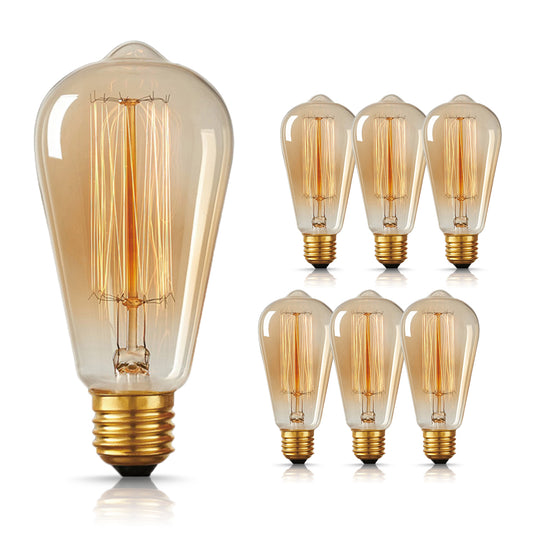 ST64 Edison Light Bulbs, Antique 60W Incandescent Vintage Style Light Bulbs, E26 Base, Dimmable Decorative Amber Glass Bulbs, Used for Wall Sconces, Ceiling Light, 6 Pack